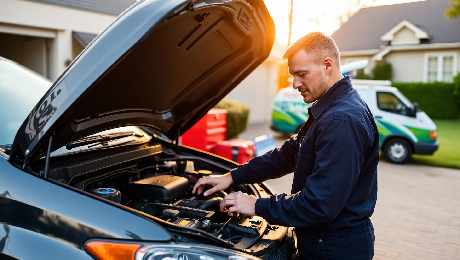 Mobile mechanic working on a car in a Nashville driveway